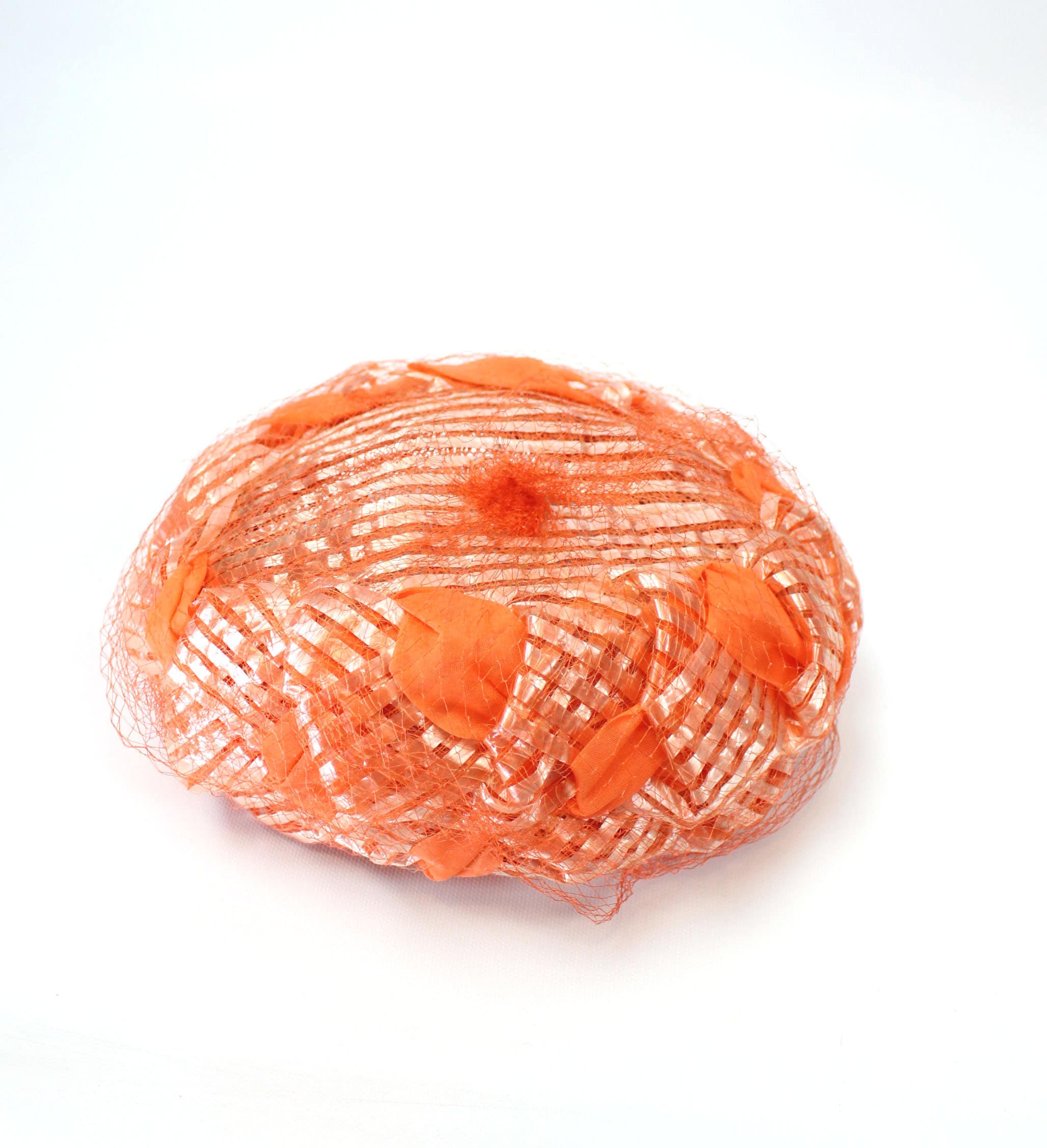 Vintage 1960s Yellow Floral Pillbox Hat Orange Raffia Brim Size 7 60s Pillbox Hat Sz L Vintage Orange Chiffon Peach Shiny  main image 2