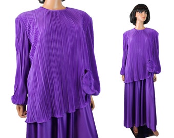 80s Prom Dress Sz 22 XXL 2X 3X Vintage Purple Pleated Long Sleeve Formal Gown