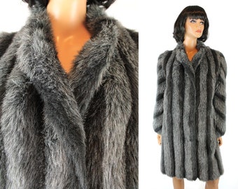 Faux Raccoon Fur Coat Sz M Vintage 80s Long Gray Striped Shaggy Winter Jacket