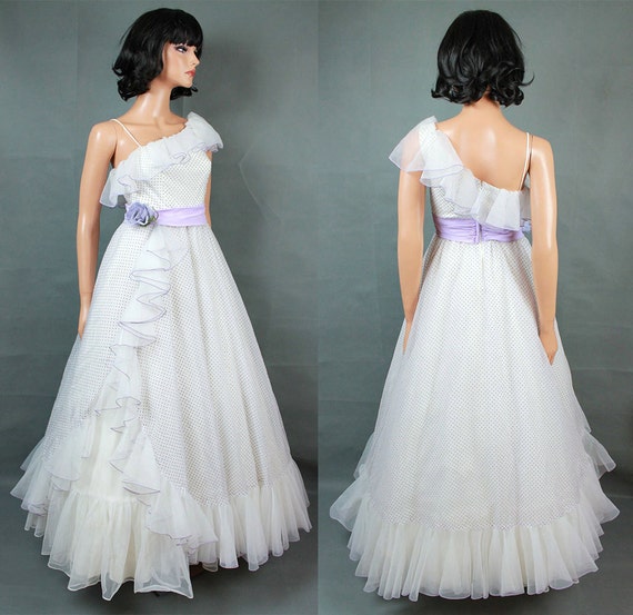 One Shoulder Prom Dress XS Vintage White Chiffon … - image 4