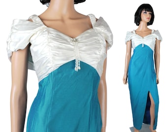 80s Prom Dress XS Vintage Teal Blue White Satin Long Wiggle Gown Pearl Beads