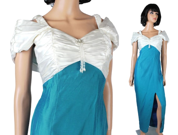 80s Prom Dress XS Vintage Teal Blue White Satin L… - image 1