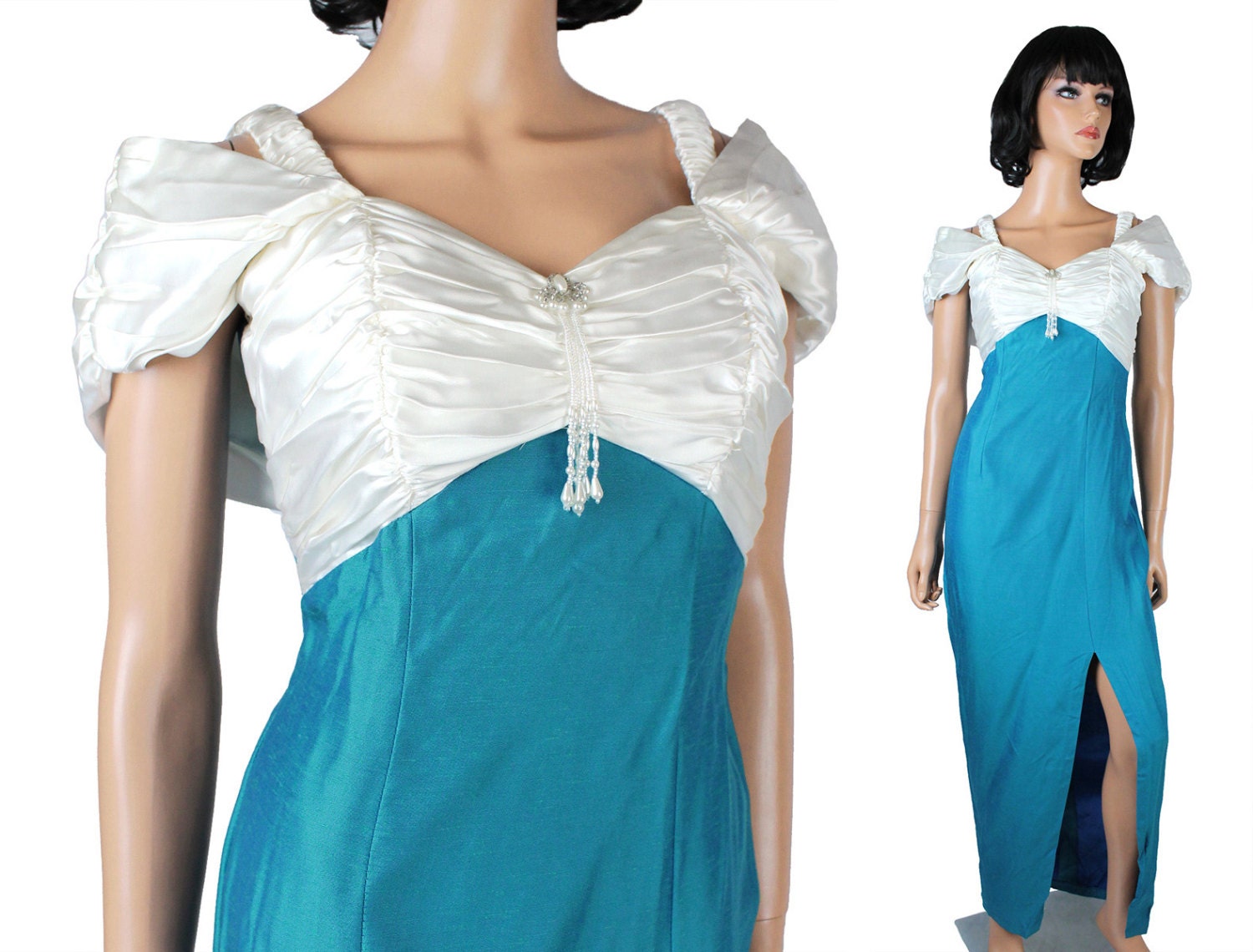80s Prom Dress XS Vintage Teal Blue White Satin Long Wiggle Etsy UK