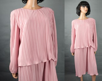 80s Formal Gown Sz 18 XL 2X Vintage Pink Pleated Long Sleeve Cocktail Prom Dress