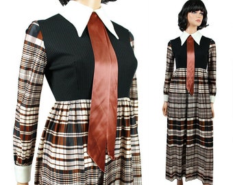 70s Schoolgirl Dress Sz S Vintage Black White Brown Plaid Long Sleeve Costume