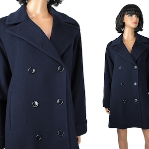 Winter Coat Sz M Vintage 80s Dark Navy Blue 100% Wool Midi Jacket Forstmann