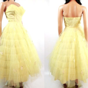 50s Prom Dress XS Vintage Yellow Tulle Strapless Tiered Cupcake Wedding Gown image 4
