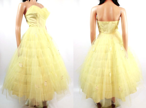 50s Prom Dress XS Vintage Yellow Tulle Strapless … - image 4