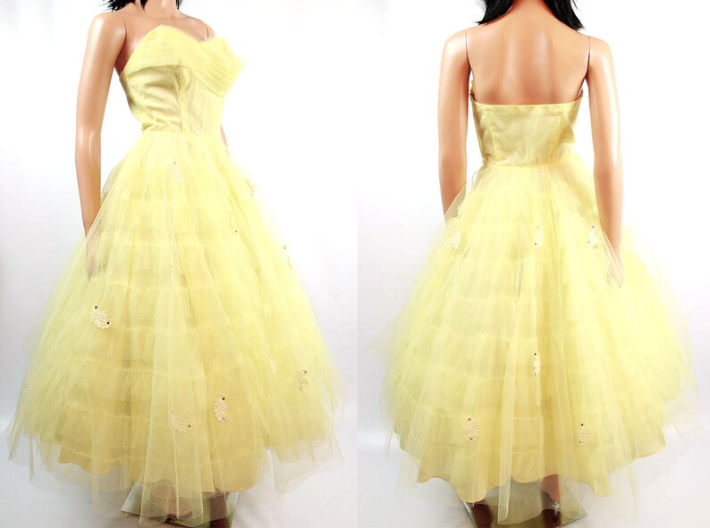 50s Prom Dress XS Vintage Yellow Tulle Strapless Tiered Cupcake Wedding Gown image 4
