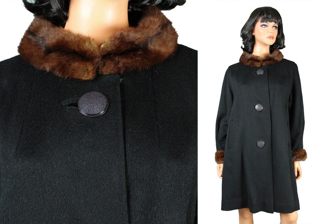 Cappotto vintage Swing taglia L anni '50-'60 in lana nera con polsini