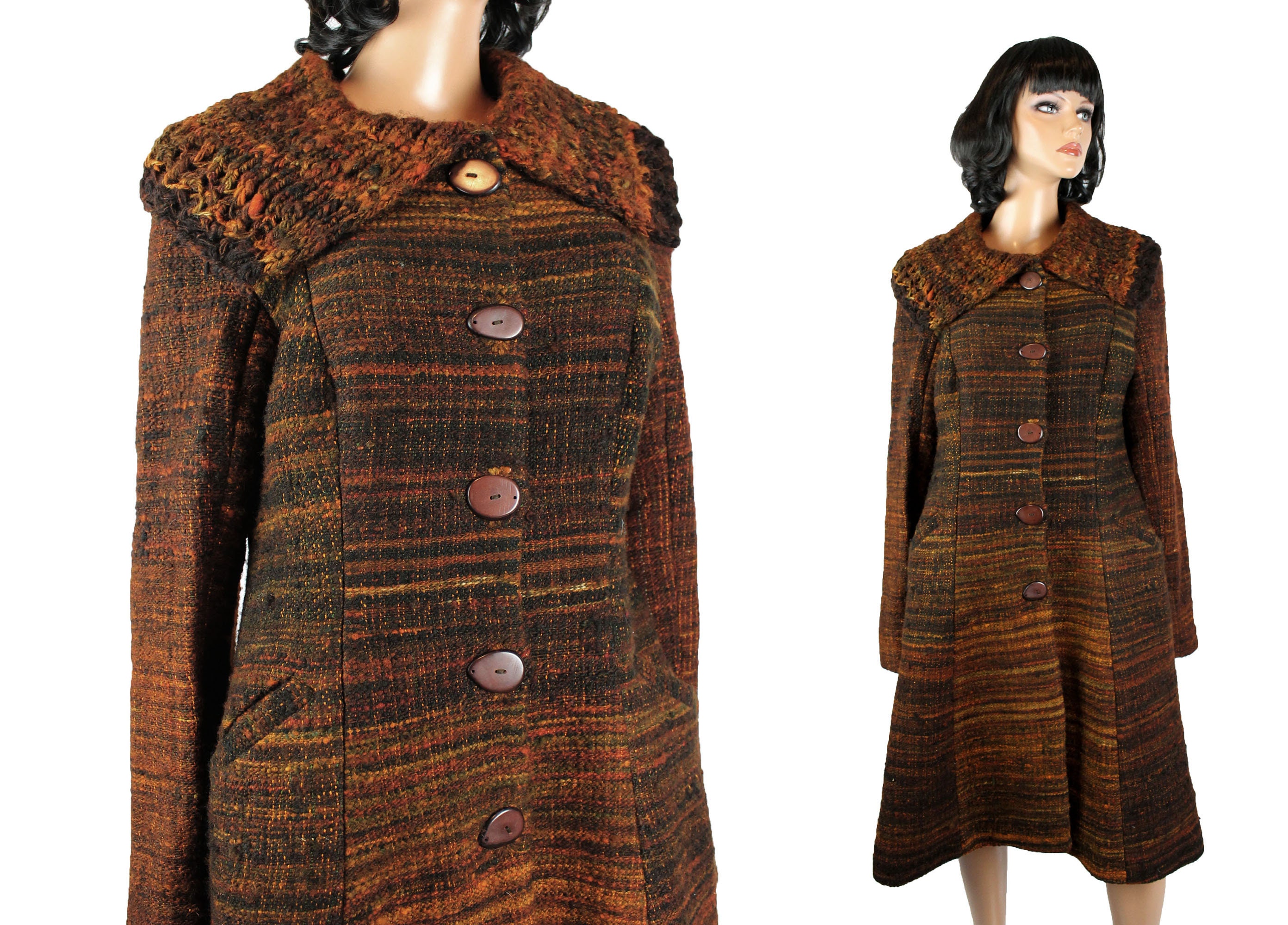 Vintage Princess Coat M 70s Long Brown Orange Wool Boucle Vintage Princess Coat M 70s Long Brown Orange Wool Boucle