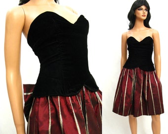 80s Strapless Prom Dress XS Vintage Black Velvet Red Taffeta Gold Stripes Formal Gown Short Mini Gunne Sax