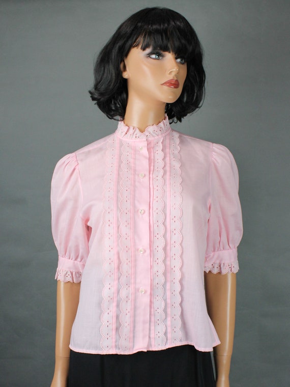 Pink Peasant Blouse S Vintage Eyelet Embroidery S… - image 2