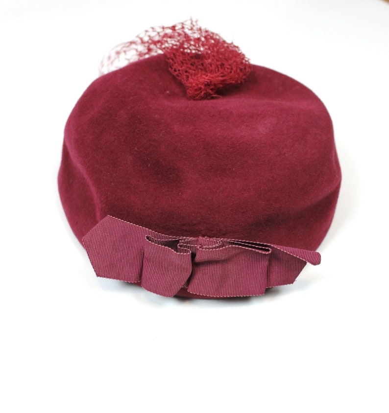 Vintage Pillbox Hat 50s Dark Burgundy Red Fur Felt Tulle Netting Cap Fascinator Free US Shipping