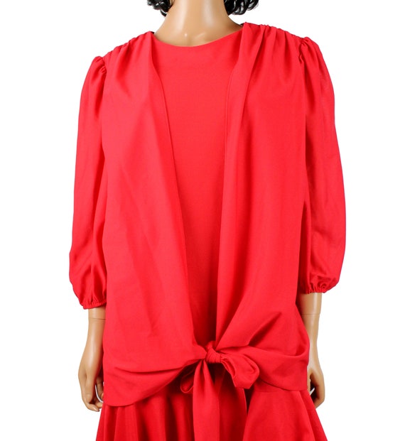 80s Twinset Dress Sz L Vintage Red Crepe Ruffled … - image 3