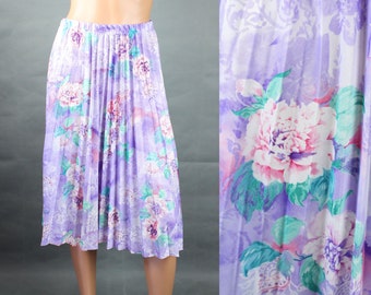 80s Pleated Skirt 14 M L Vintage Purple Pink Floral Paisley Accordion Pleat