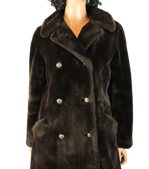 Faux Fur Trench Coat Sz M Vintage 70s Dark Brown … - image 2