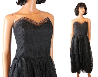 80s Prom Dress Sz S Vintage Long Strapless Black Floral Lace Gothic Party Gown