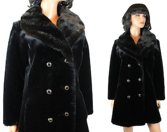 Faux Seal Fur Trench Coat M Vintage Long Black Winter Jacket Dark Brown Collar