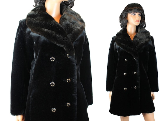 Faux Seal Fur Trench Coat M Vintage Long Black Winter Jacket