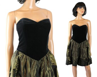 80s Prom Dress XXS 2XS Vintage Short Mini Black Velvet Olive Green Taffeta Gown