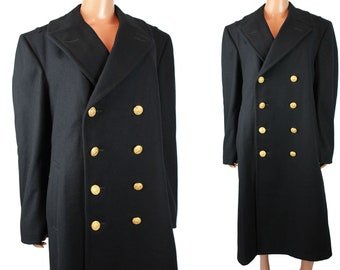 WW2 Military Trench Coat 40L Vintage 40s Mens Heavy Black Wool Navy Overcoat