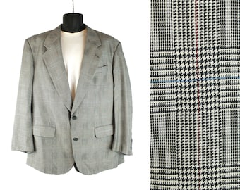 Saks 5th Ave Blazer Sz 44R Black White Glen Check Silk Wool Sports Coat Jacket