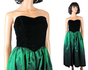 80s Prom Dress Jrs XS Vintage Green Taffeta Black Velvet Strapless Gown 2XS