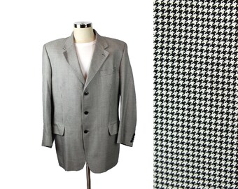 Vintage Houndstooth Blazer 44S Black White Wool Silk Blend Jacket Sports Coat