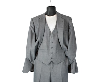 Vintage 3 Piece Suit 42R 36x29 80s Solid Gray Blazer Vest Pants Wool Blend Suit