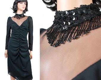 70s Cocktail Gown Sz XS S Black High Collar Sheer Mesh Beaded Fringe Disco Dress