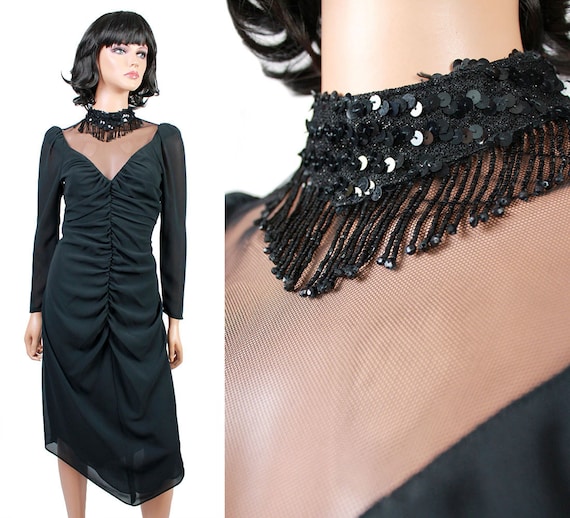 70s Cocktail Gown Sz XS S Black High Collar Sheer… - image 1