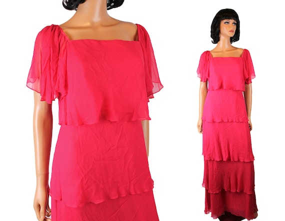 70s Cocktail Dress Sz S Vintage Dark Pink Tiered … - image 1