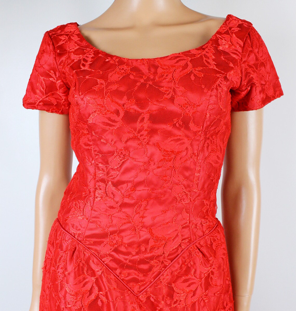80s Prom Dress XS Red Satin Floral Lace Long Gown Fitted Wiggle Short Sleeve Etsy