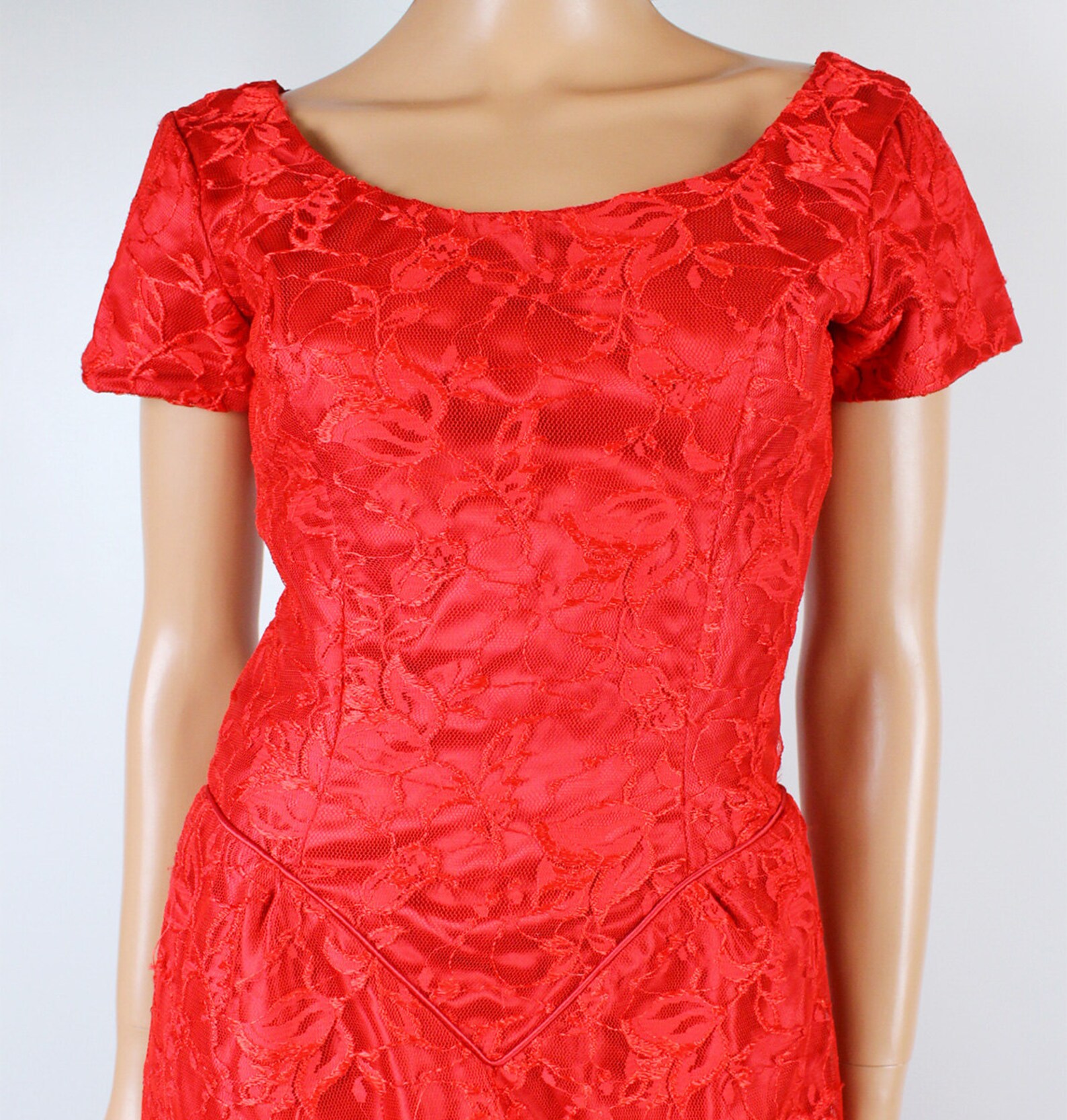 80s Prom Dress XS Red Satin Floral Lace Long Gown Fitted Wiggle Short