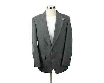 Chaqueta deportiva vintage Farah de lana tweed gris jaspeada con coderas, talla 40R.