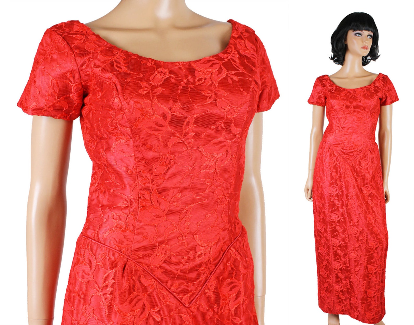 80s Prom Dress XS Red Satin Floral Lace Long Gown Fitted Wiggle Short
