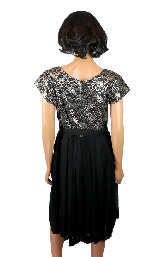 50s Prom Gown M Vintage Black Silk Chiffon Gold S… - image 5