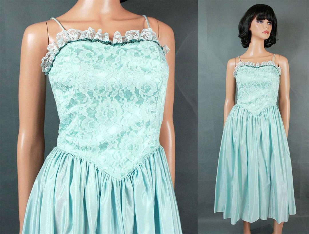 80s Prom Dress XS Vintage Sleeveless Light Aqua Blue Taffeta Lace ...