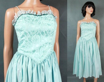 80s Prom Dress XS Vintage Sleeveless Light Aqua Blue Taffeta Lace Sequins Gown