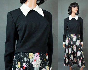 70s Schoolgirl Dress Sz M Vintage Black White Pleated Skirt Long Sleeve Floral