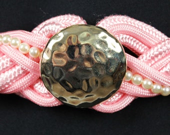 Bubblegum Pink Rope Belt 29-37" Vintage White Pearls Gold Metal Braided Stretch Size Medium Large