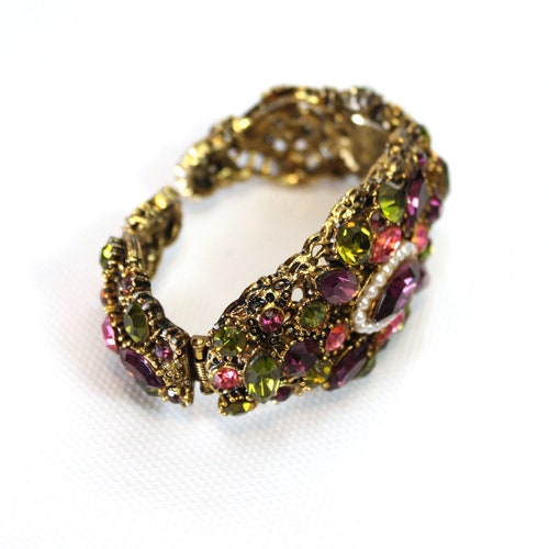Vintage 50s Clamper Bracelet Unsigned Hollycraft Purple Green shops Pink Rhinestone