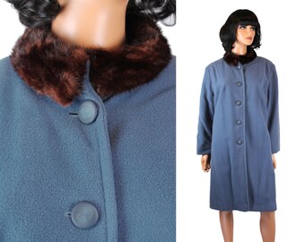 Fur Collar Coat Sz L Vintage 50s 60s Steel Blue Wool Brown Mink Winter Jacket