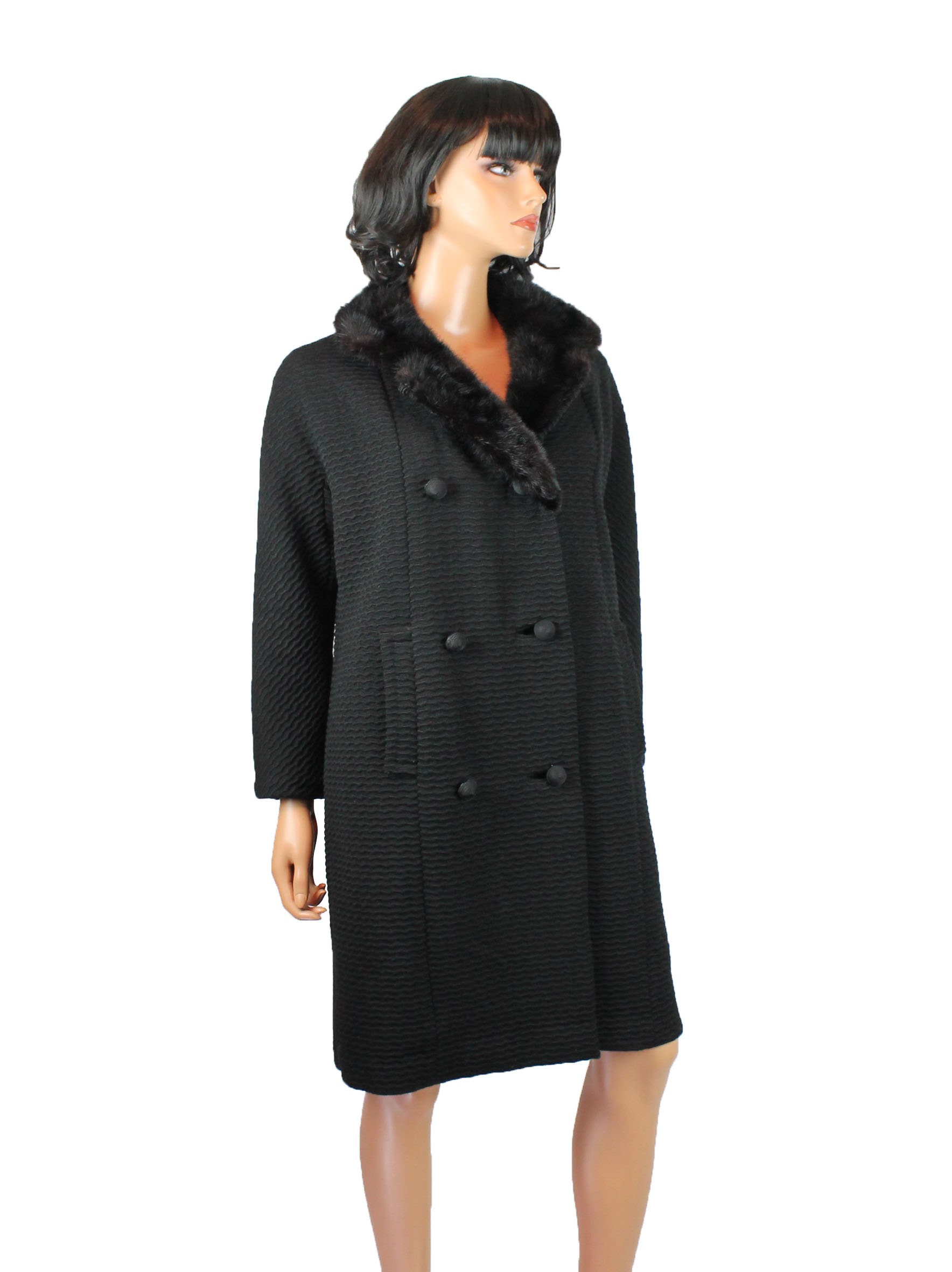 Fur Collar Coat Sz M Vintage Solid Black Textured Wool Mink Fur