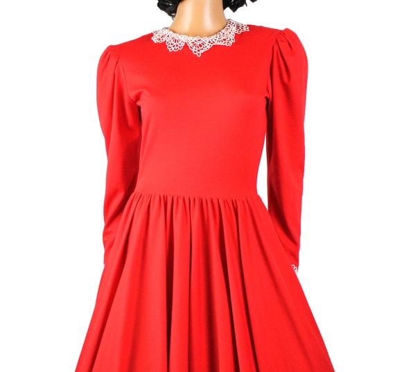 80s Party Dress 6 S Red Long Sleeve Circle Skirt … - image 2