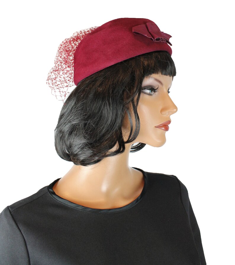 Vintage Pillbox Hat 50s Dark Burgundy Red Fur Felt Tulle Netting Cap Fascinator Free US Shipping