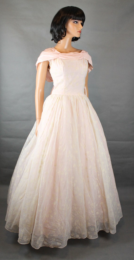 50s Wedding Gown XS S Long White Chiffon Pink Taf… - image 4