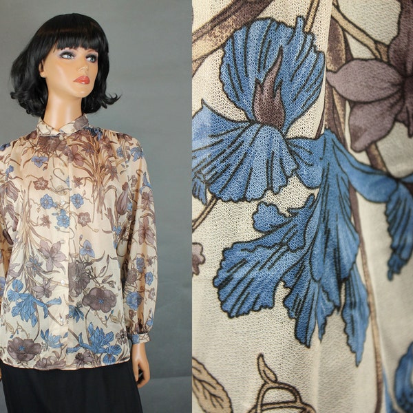 Vintage Secretary Blouse M 70s Sheer Brown Blue Floral Nehru Collar Dress Shirt