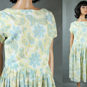 Vintage 50s 60s Dress Sz M Blue Yellow White Floral Nip Waist Pleated Skirt